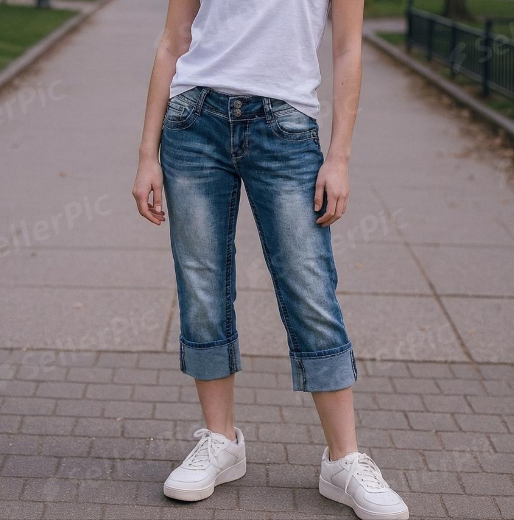 Y2K Juniors Angel Jean Blue Cropped Cuffed Embellished Jeans Size 9